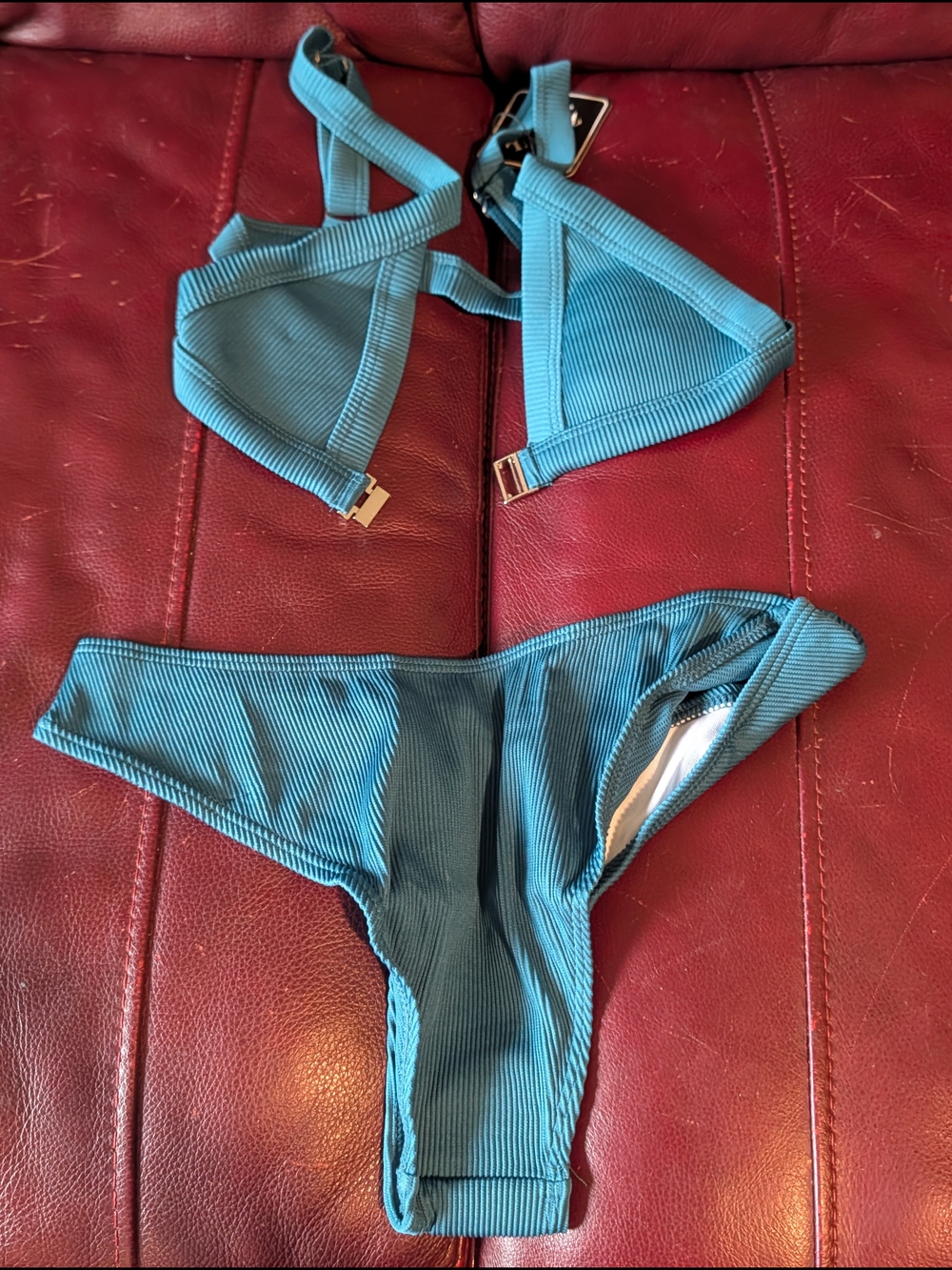 Ribbed Teal Bikini Set - Triangle Top & High-Cut Bottoms